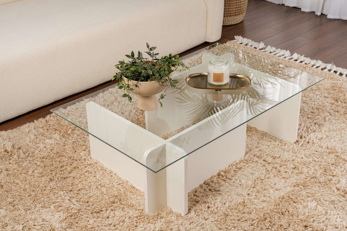 Nordure Mesa de Centro Flavio - Madera Blanca con Cristal Templado y Tablero Melamina 105x30x65cm